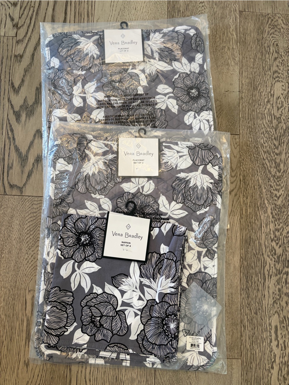 Vera Bradley Gray and White Floral Quilted placemats and napkins